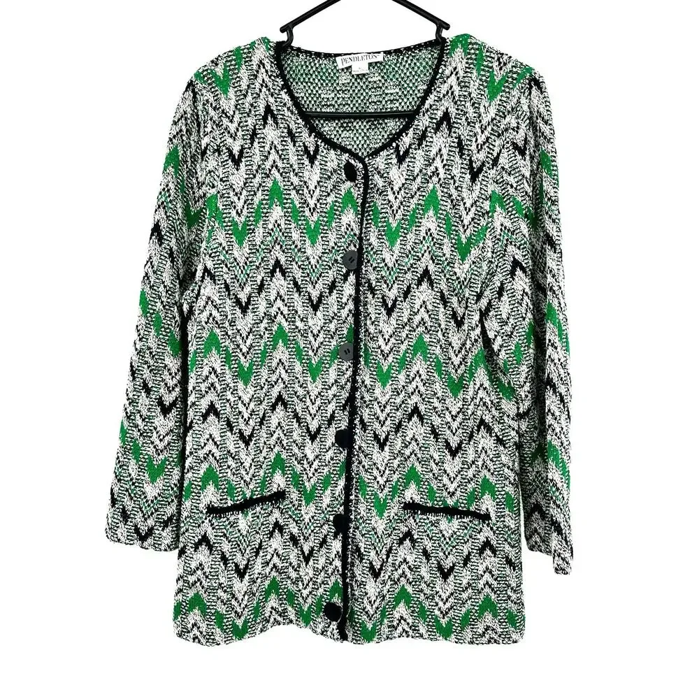 Pendleton Size Large Sweater Jacket Silk Green Black White Chevron Knit Cardigan